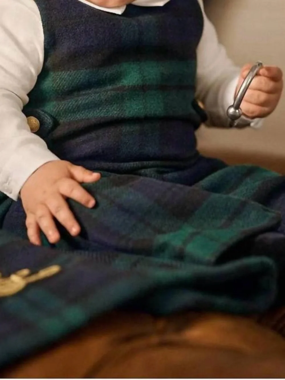 Ralph Lauren Wool Green and Navy Plaid Infant Romper with White Collared Shirt